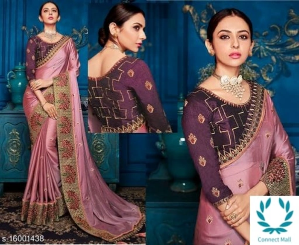 PINK SAREE WITH HEAVY EMBROIDERED BORDER WORK - Saree Length Size 5.5m Blouse Length Size-0.8, Pink, Saree Fabric-Georgette Blouse Fabric-CottonSilk, Multipack Of:1